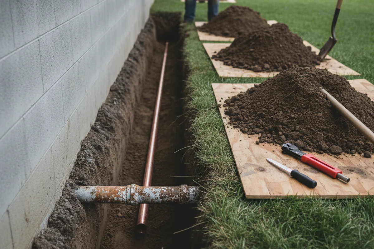 Excavated water line trench during Water Heater Repair in Conasauga